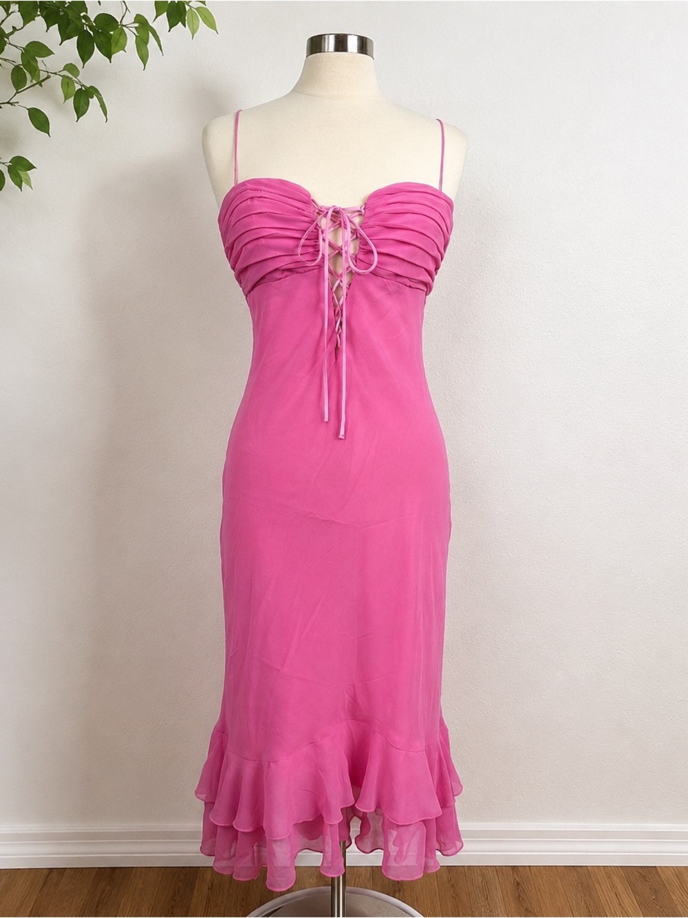 Vintage Y2K Victiria's Secert Moda Pink Lace Up Ruched Slip Midi Dress Size 10